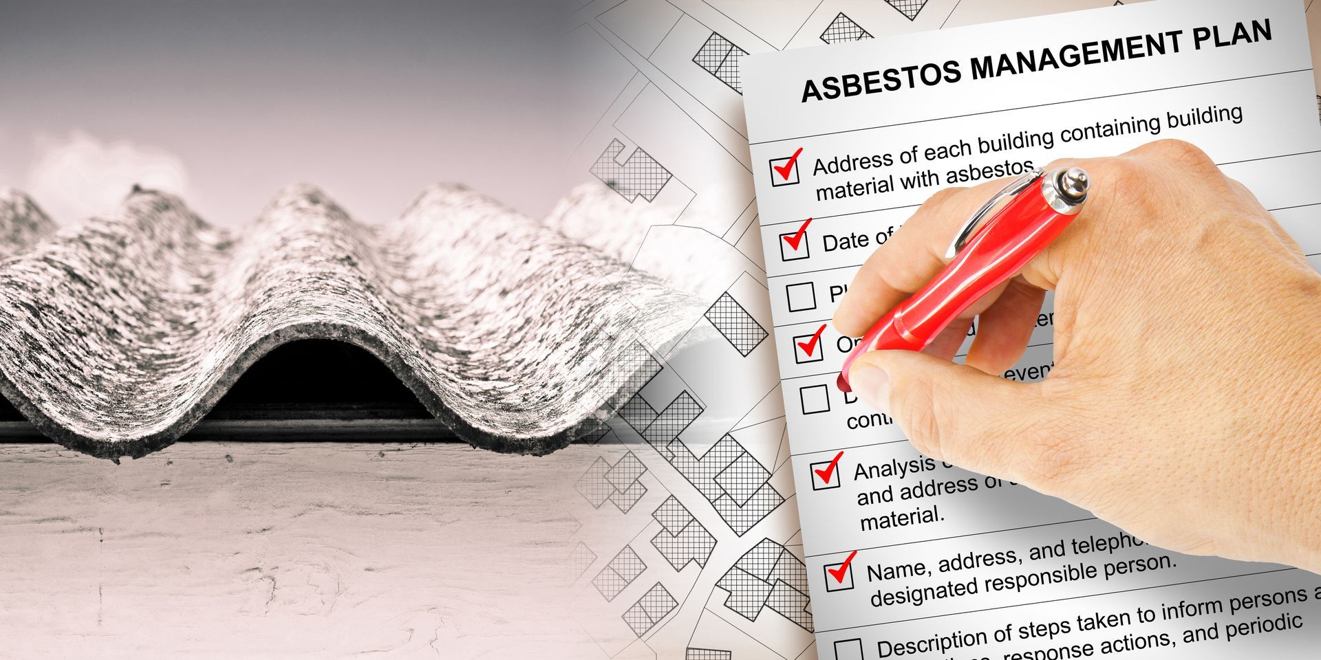 Hand placing a red pen on an asbestos management checklist beside a rolled blueprint