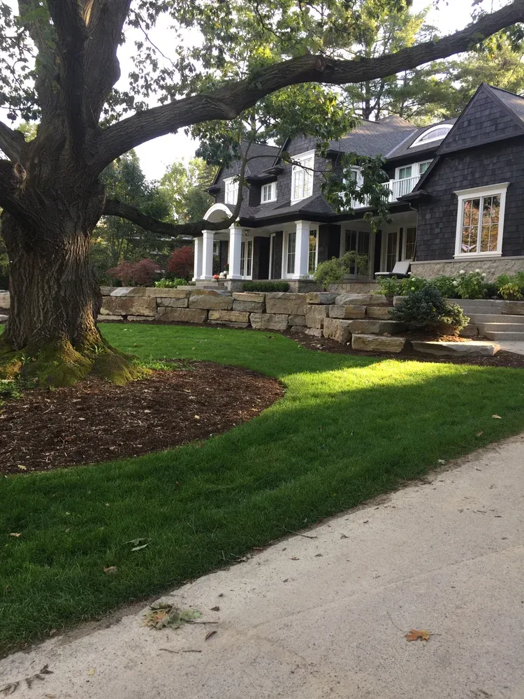 Large house with stone retaining wall, a big tree, and a green lawn beside a driveway.