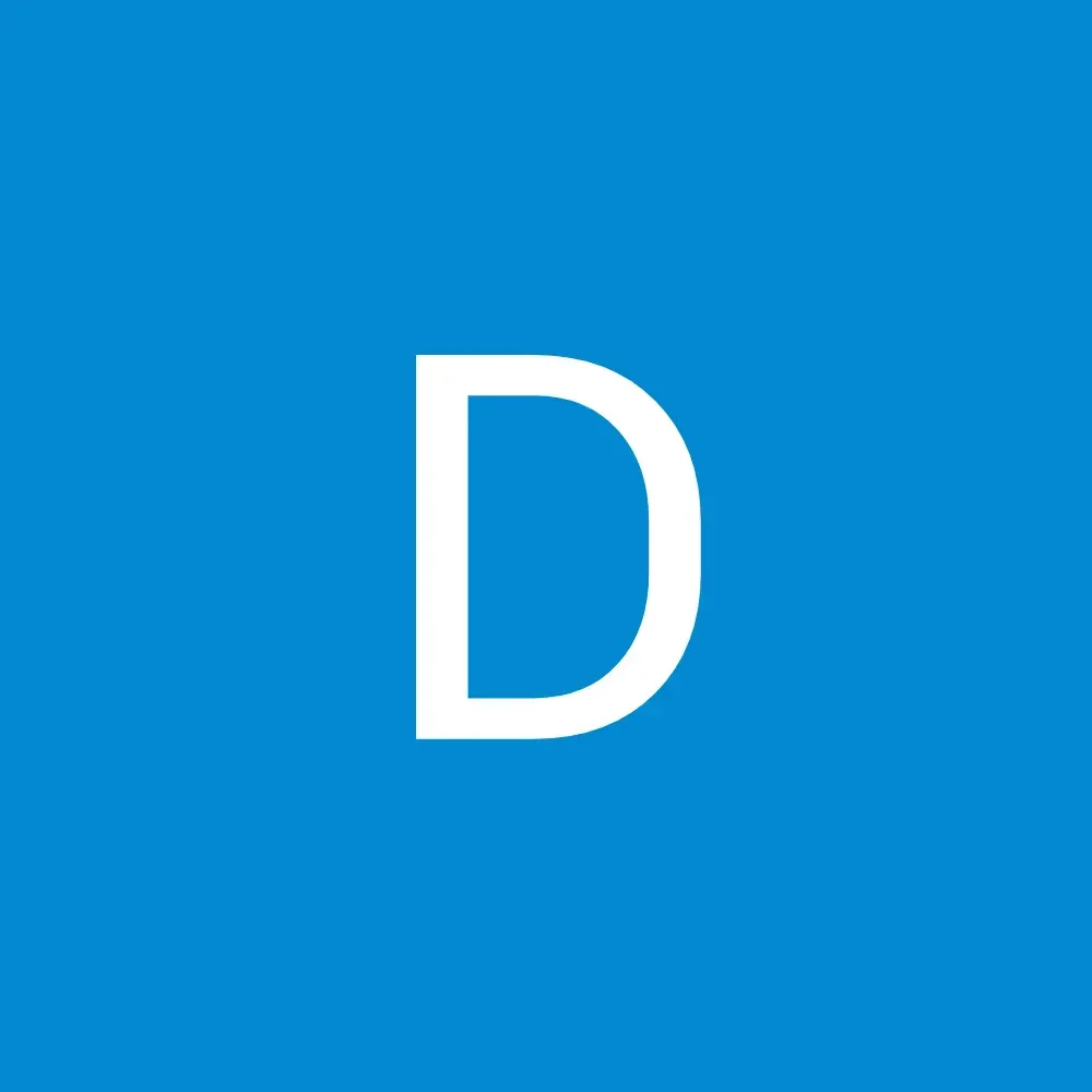White letter D on a blue square background