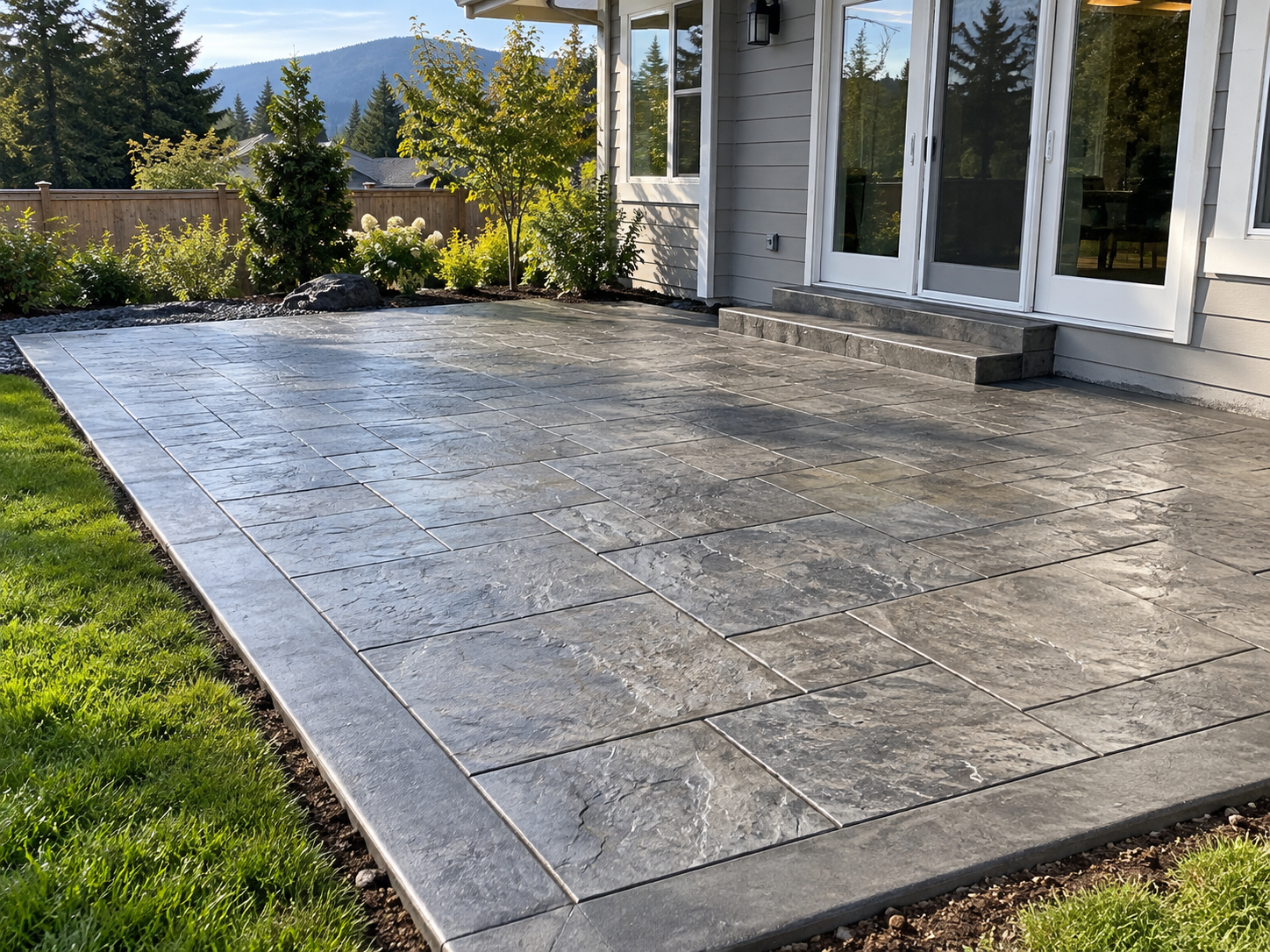 Ashlar slate stamped concrete patio with a clean structured layout at a Bellingham WA home.