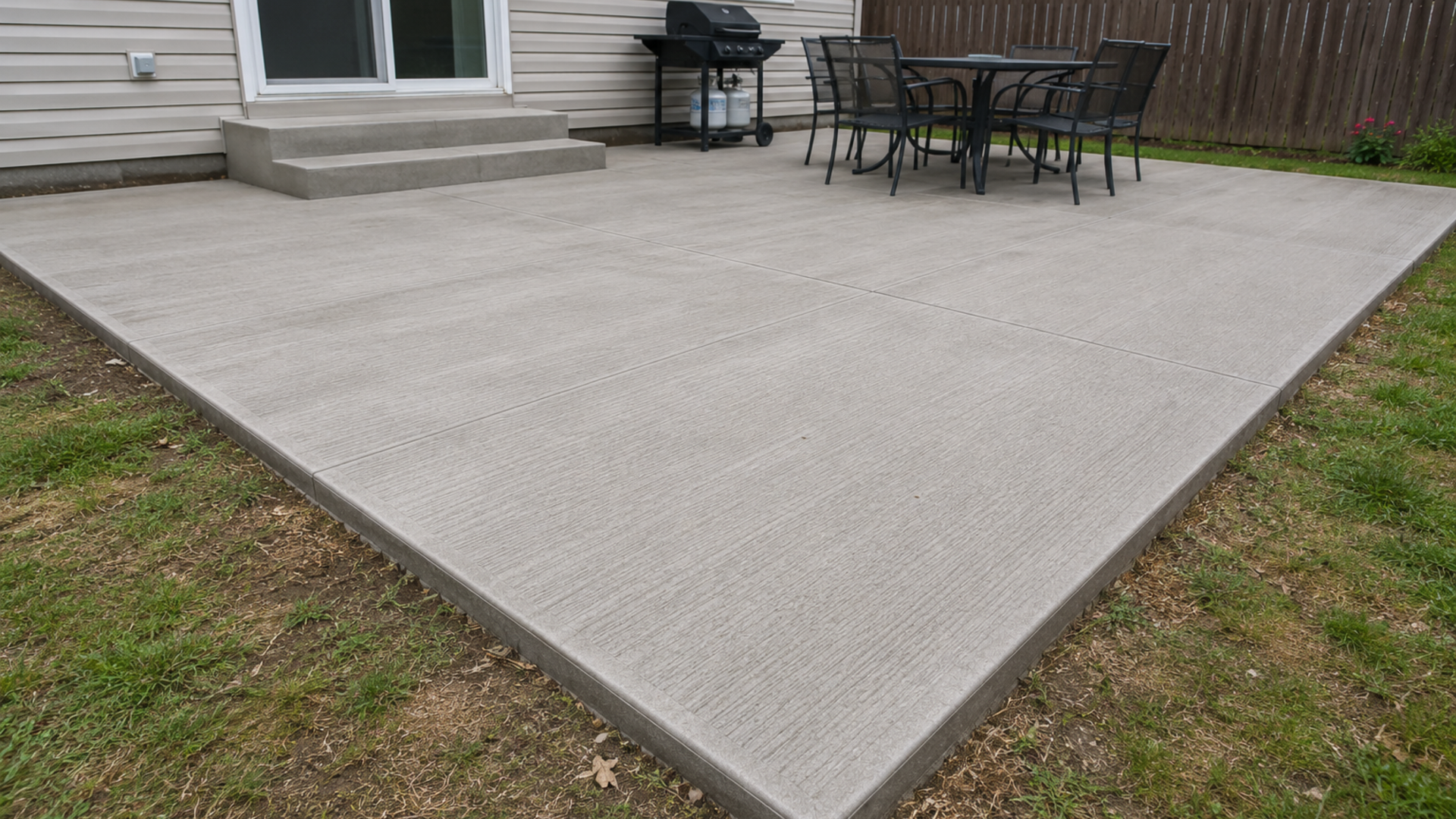 Broom finish concrete patio installed in a residential backyard with a clean textured surface and simple outdoor living space.