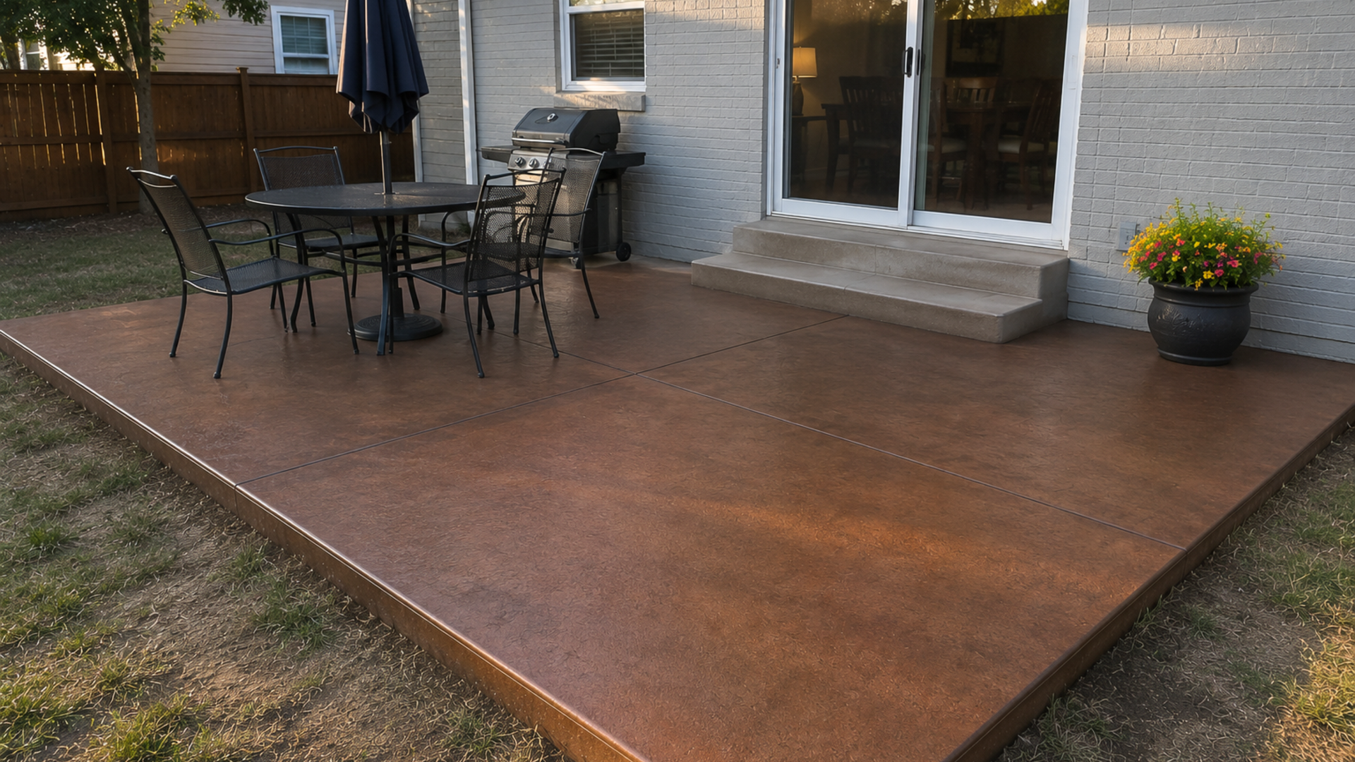 Colored concrete patio installed at a residential property with a decorative finish that complements the home's exterior.
