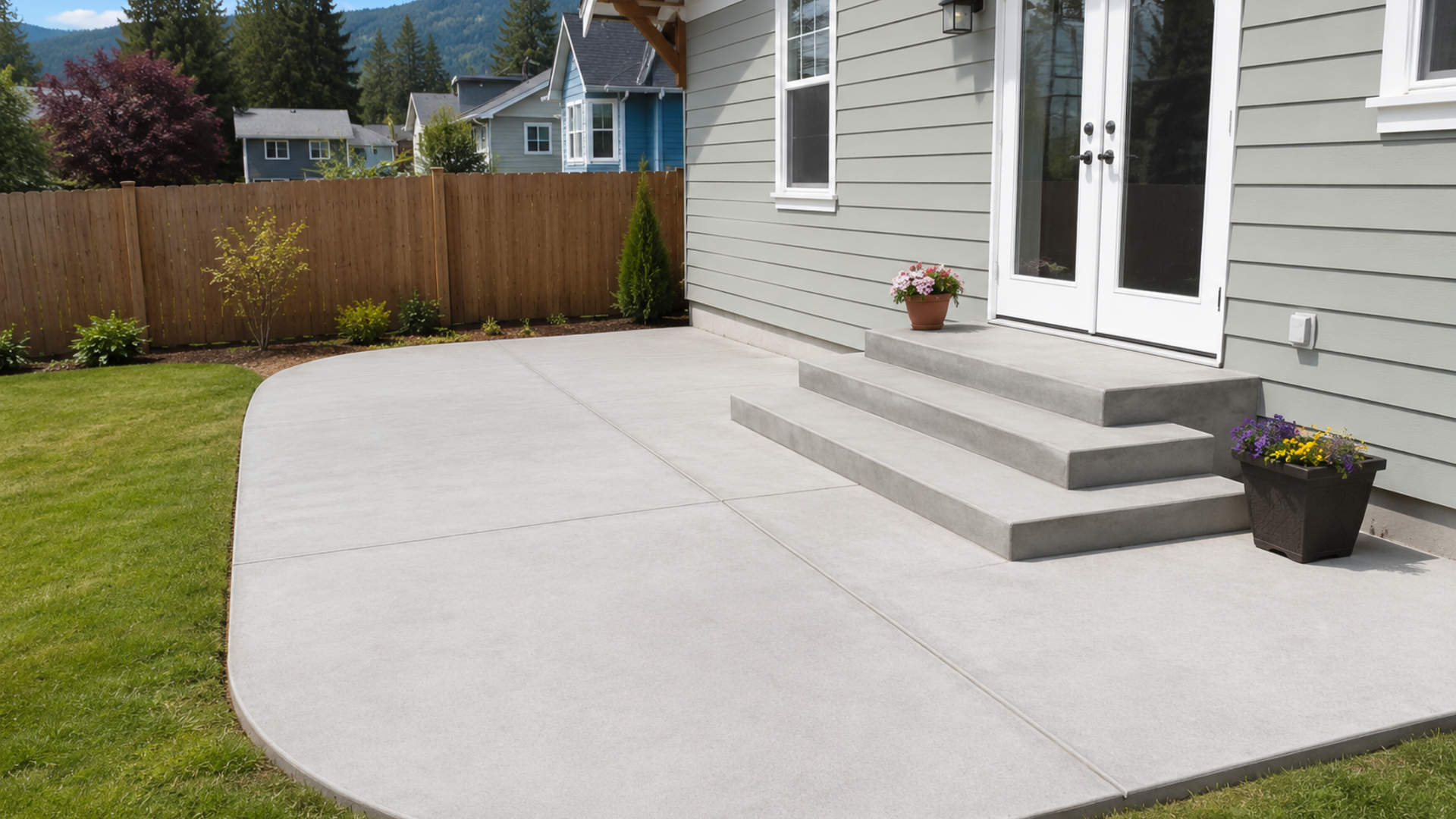 Concrete patio installed in a residential backyard with a clean finish and simple outdoor seating ar