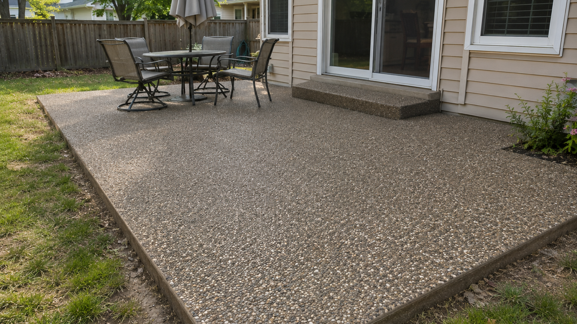 Exposed aggregate concrete patio with natural stone texture installed in a residential backyard.