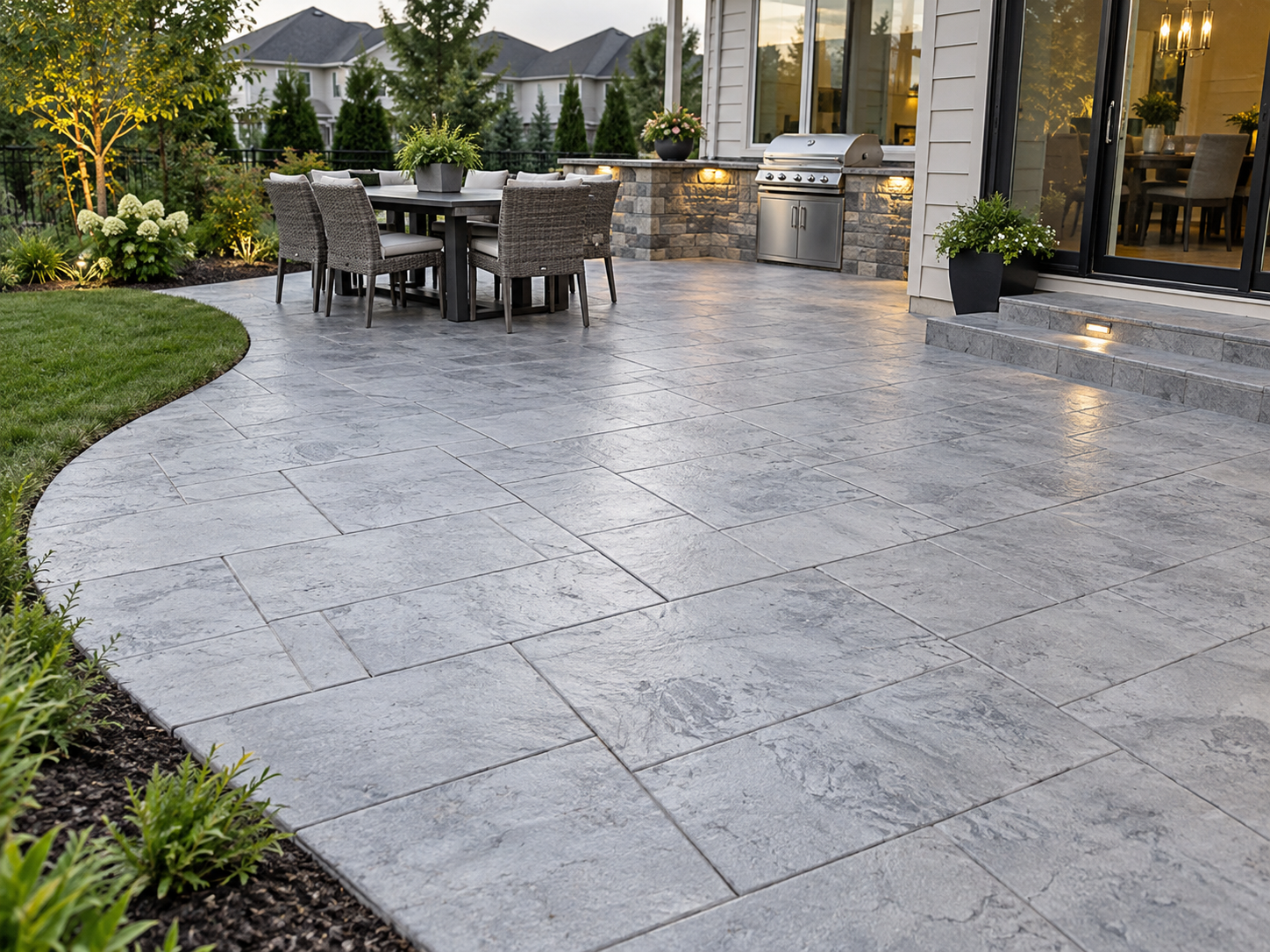 Seamless texture stamped concrete patio with a smooth modern finish for a Whatcom County WA backyard.