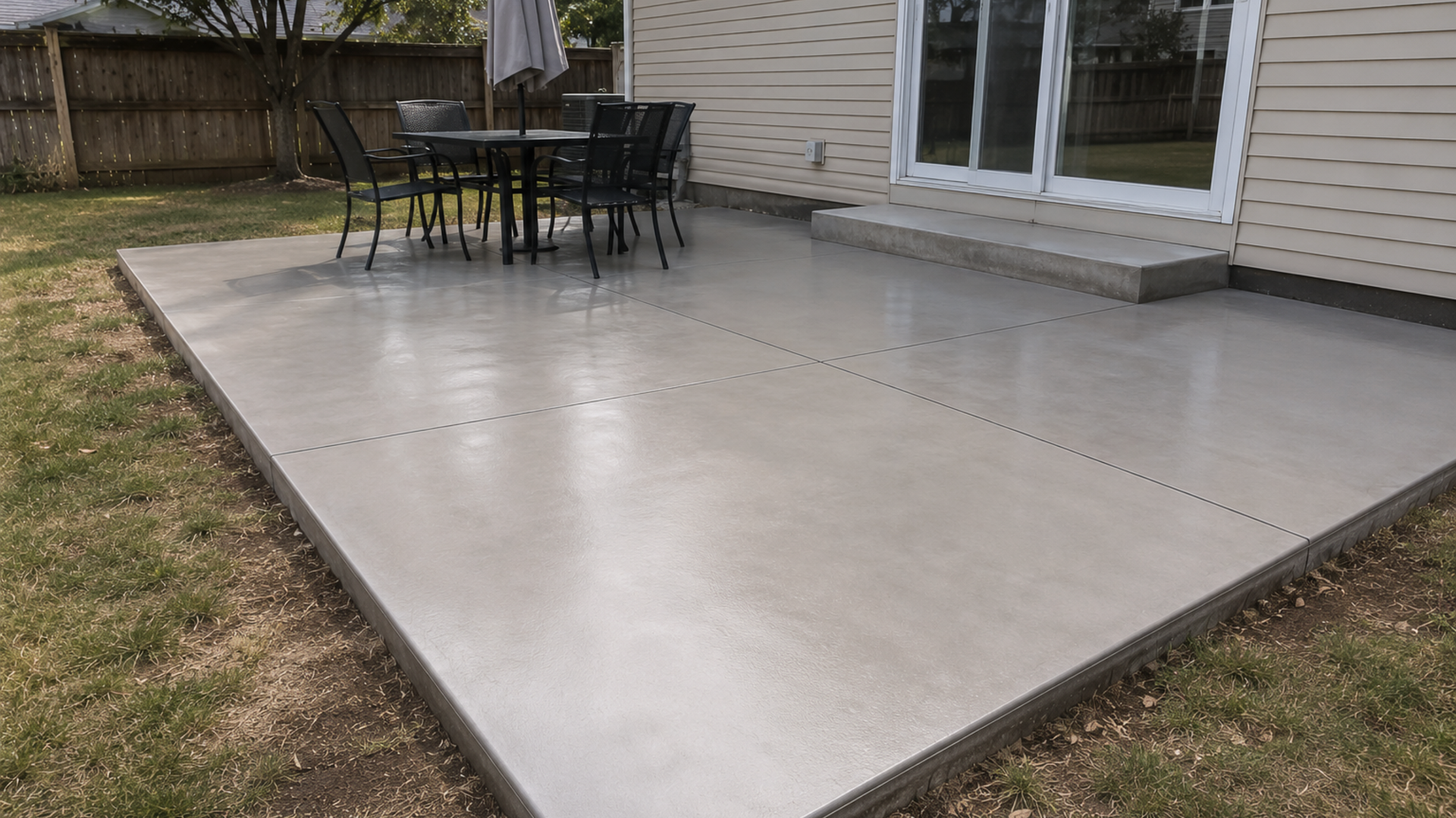 Smooth finish concrete patio at a residential home featuring a sleek surface and modern backyard design.