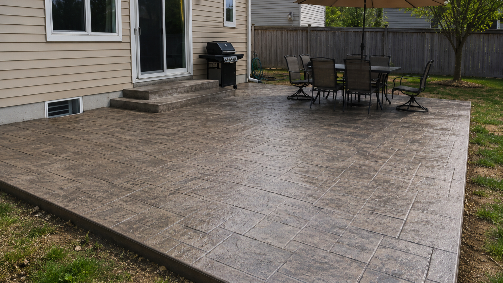 Stamped concrete patio with decorative stone pattern designed for a residential outdoor living area.