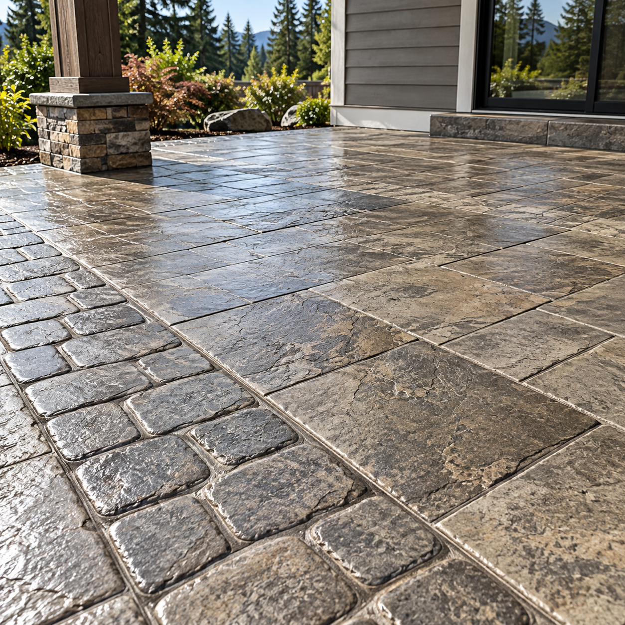 Close-up of ashlar slate and cobblestone stamped concrete patterns for a Whatcom County WA patio.