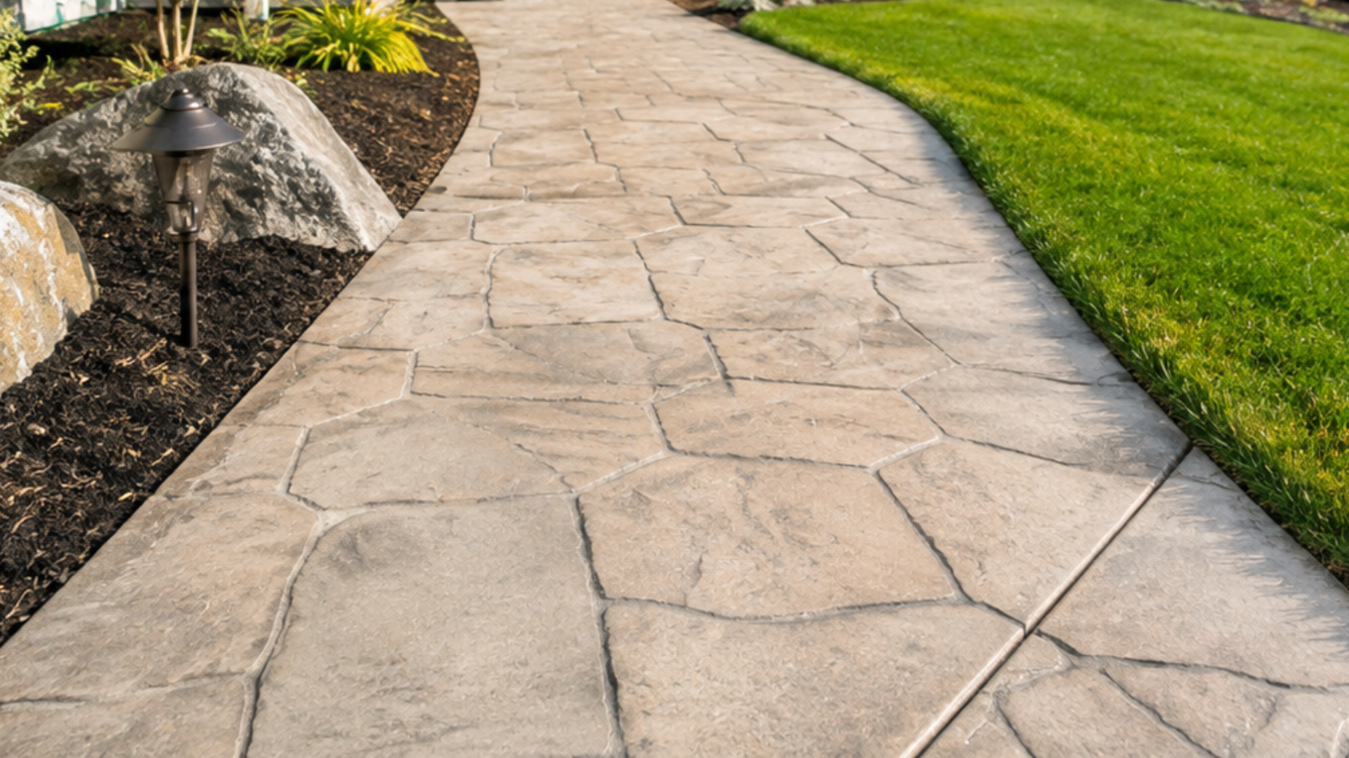 Stamped concrete walkway textured to mimic natural stone leading to a front entry in Bellingham WA.