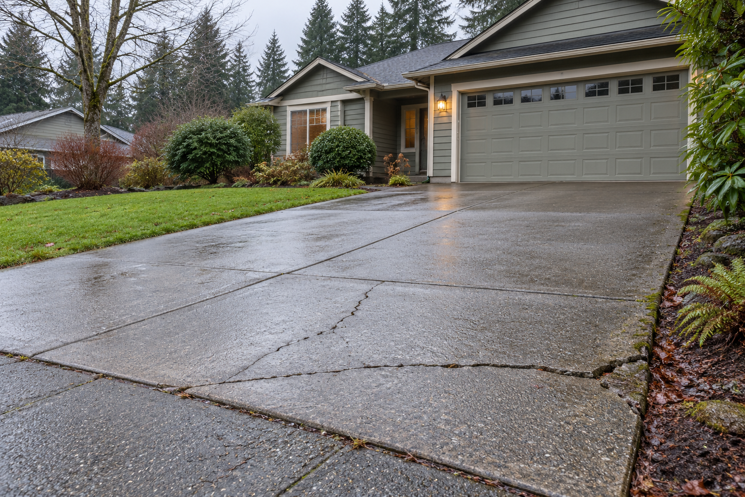 Cracked concrete driveway at a Bellingham WA home showing weather and soil-related surface cracking.