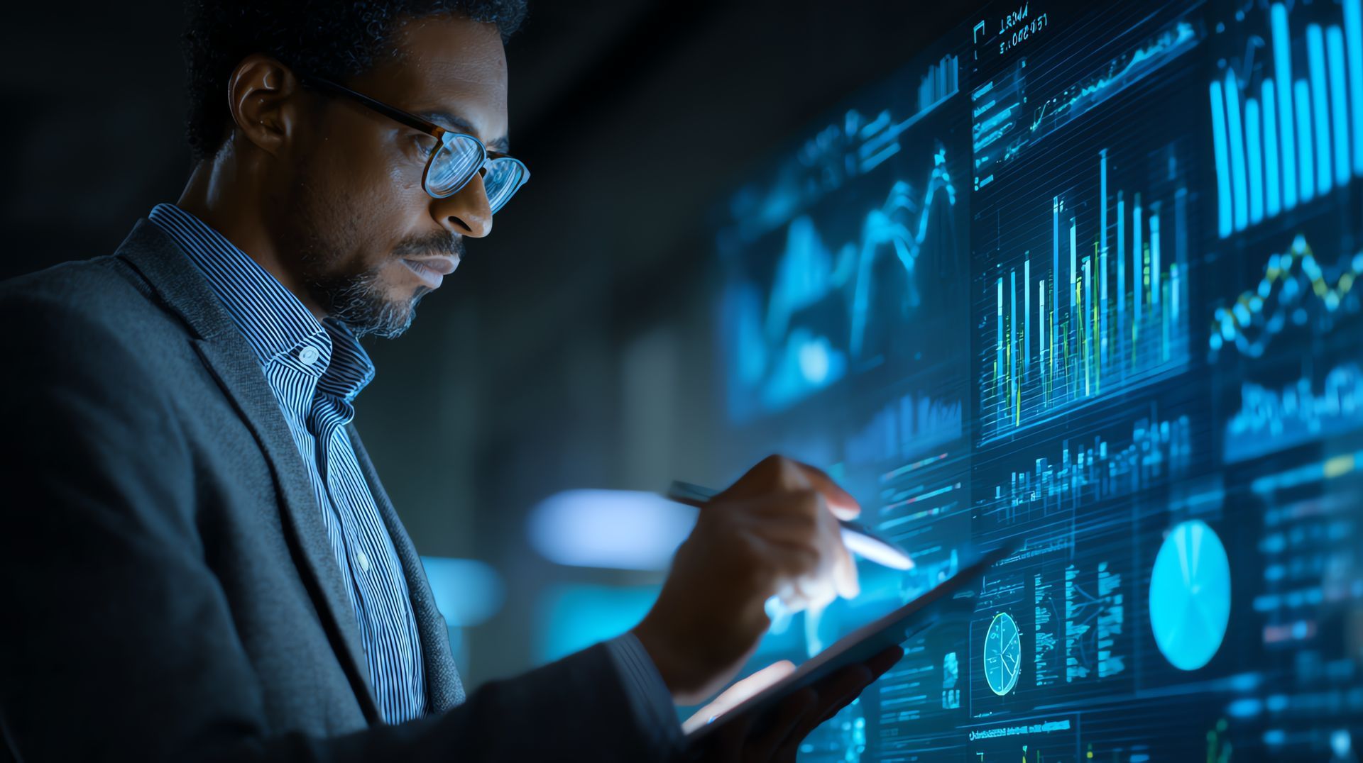 Man in suit using a stylus on tablet, analyzing data visualized on a glowing screen.