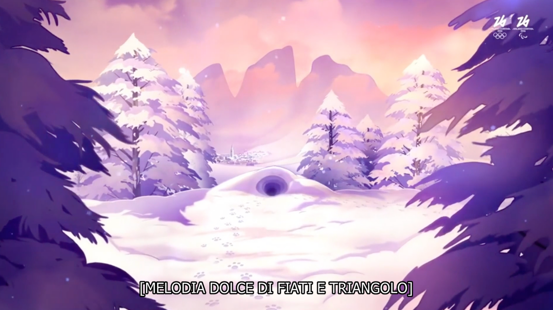Paesaggio animato innevato con alberi, montagne e una tana. Il sottotitolo recita: Melodia dolce di fiati e triangolo.
