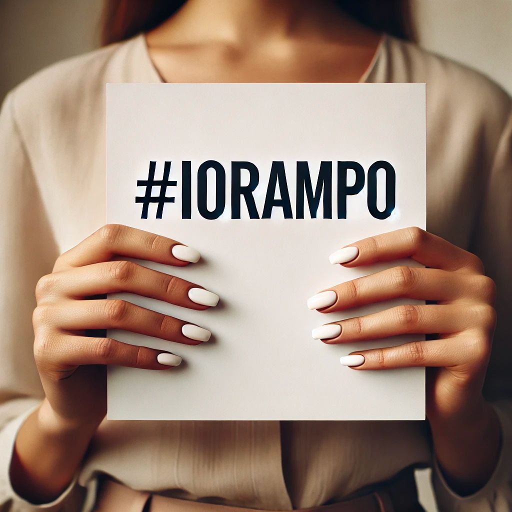 Una foto una mezzobusto di una donna che tiene in mano un cartello con scritto l'hashtag #IoRampo