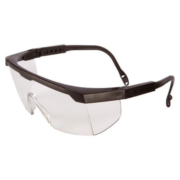 Gafas de seguridad transparentes con montura negra y protectores laterales sobre fondo blanco.