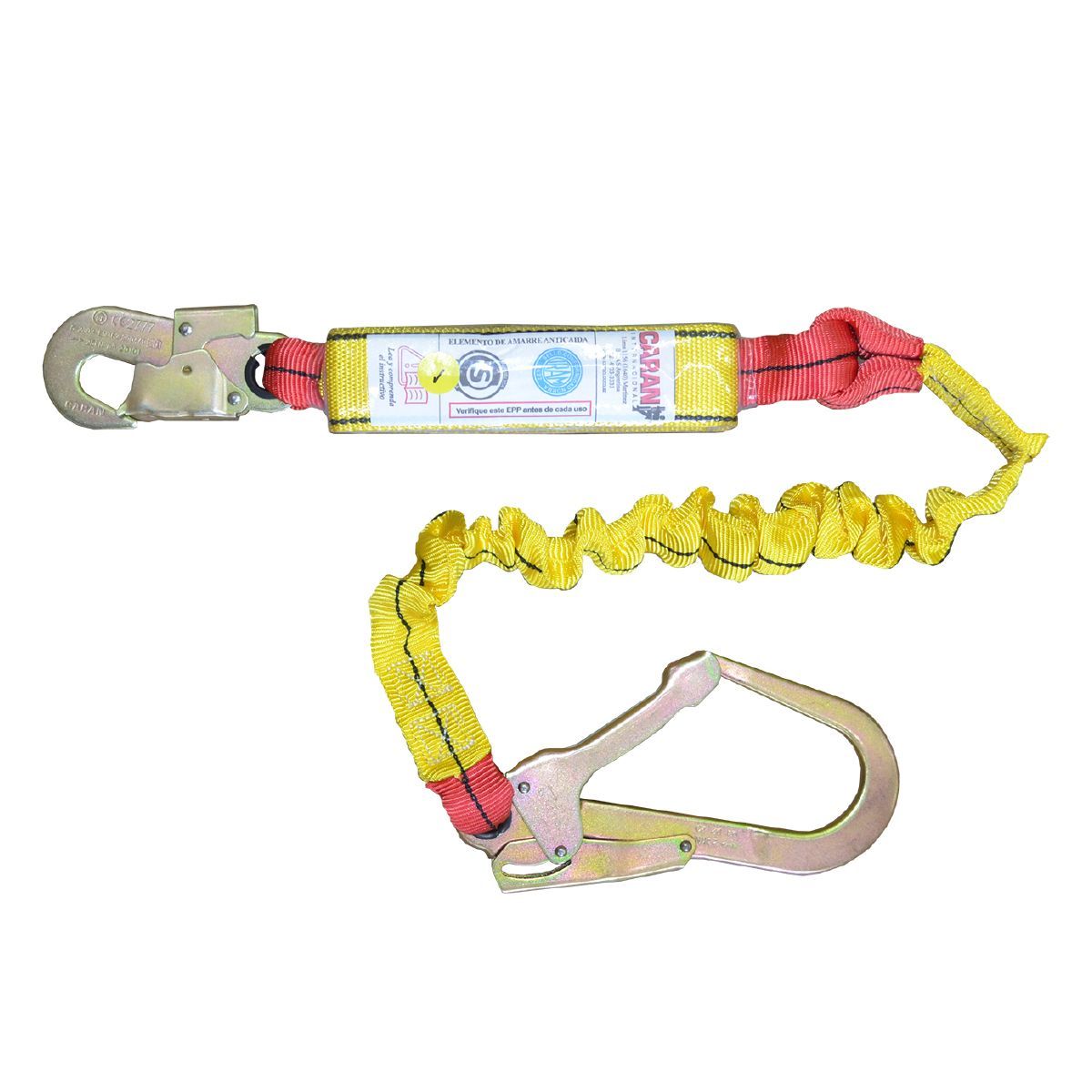 Cordón de seguridad amarillo amortiguador con mosquetones metálicos en ambos extremos.
