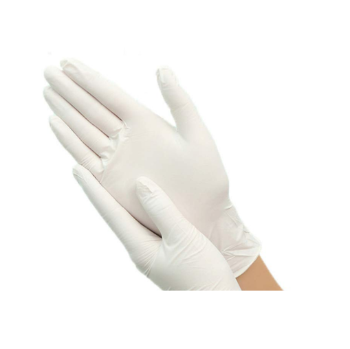 Manos enguantadas de látex blanco, una sosteniendo a la otra, aisladas sobre un fondo blanco.