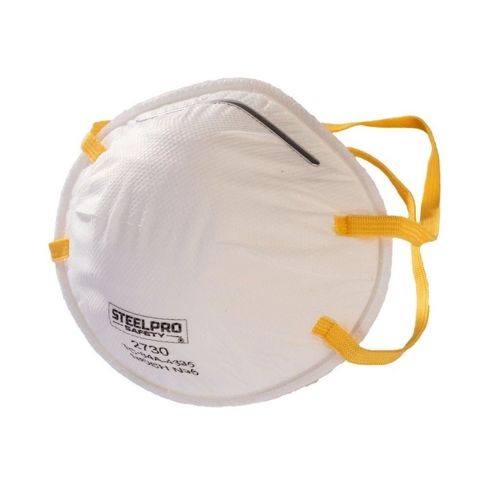 Mascarilla antipolvo Steel-Pro blanca con correas amarillas, vista frontal.
