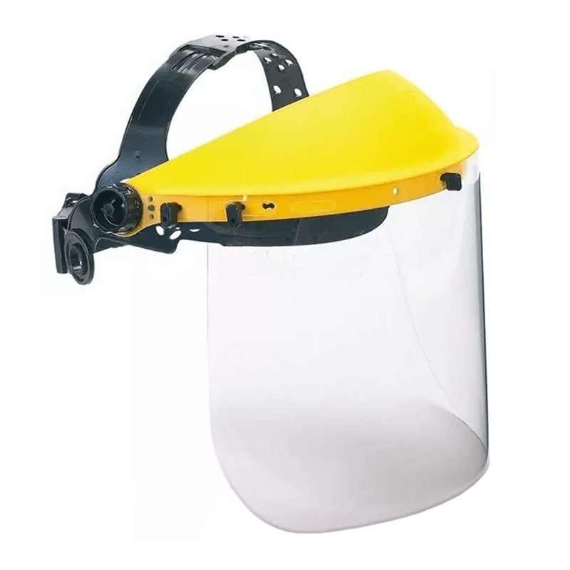 Protector facial amarillo con visera transparente y diadema negra sobre fondo blanco.