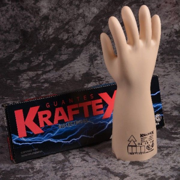Guante de látex beige con embalaje KRAFTEX sobre un fondo oscuro texturizado.