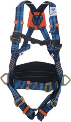 Arnés de seguridad integral azul y negro con detalles naranjas y anillas laterales metálicas.