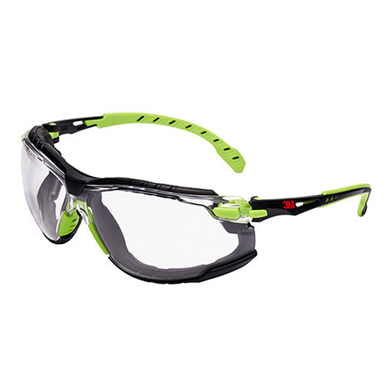 Gafas de seguridad negras y verde neón con lentes envolventes transparentes.