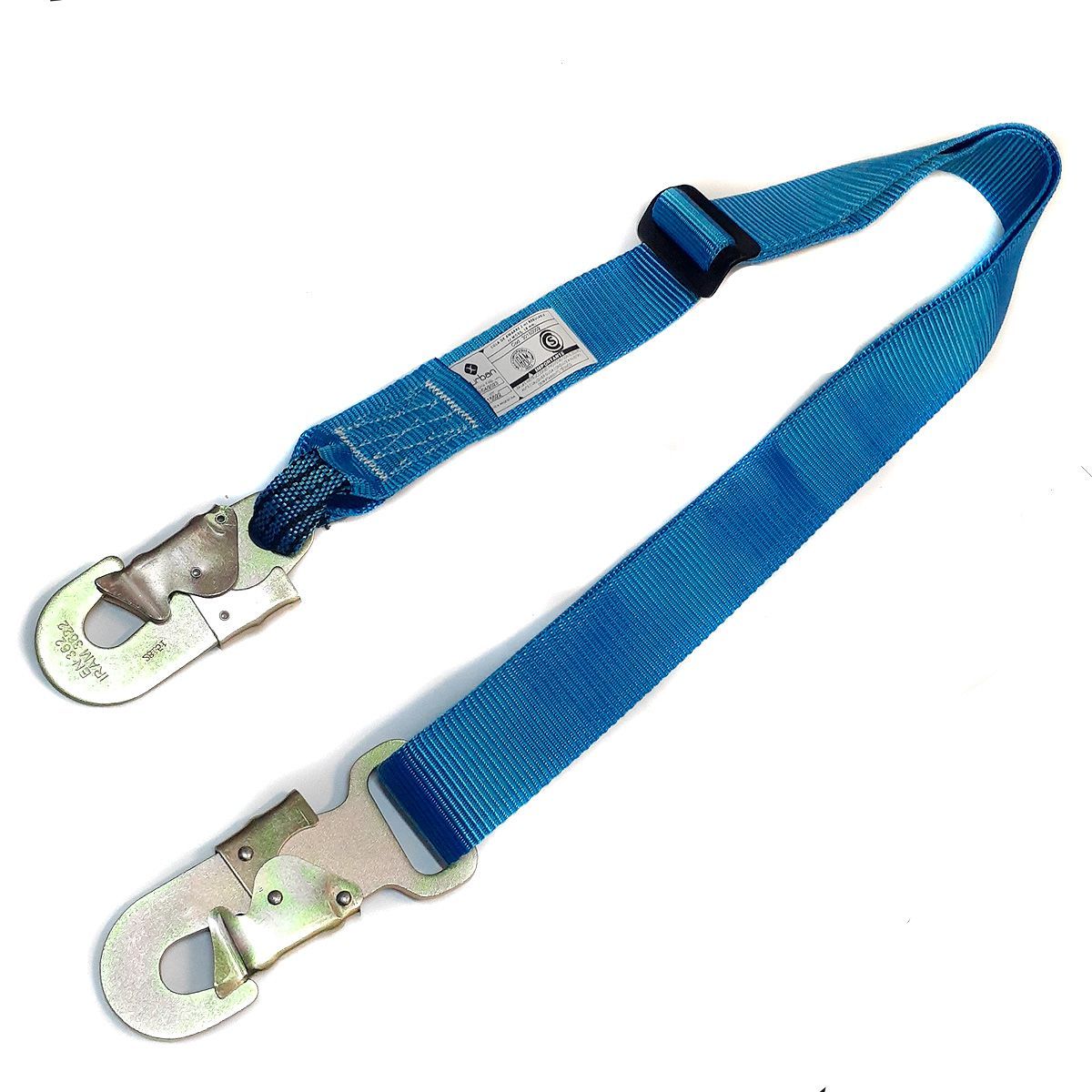 Cordón de seguridad azul con clips metálicos en ambos extremos.
