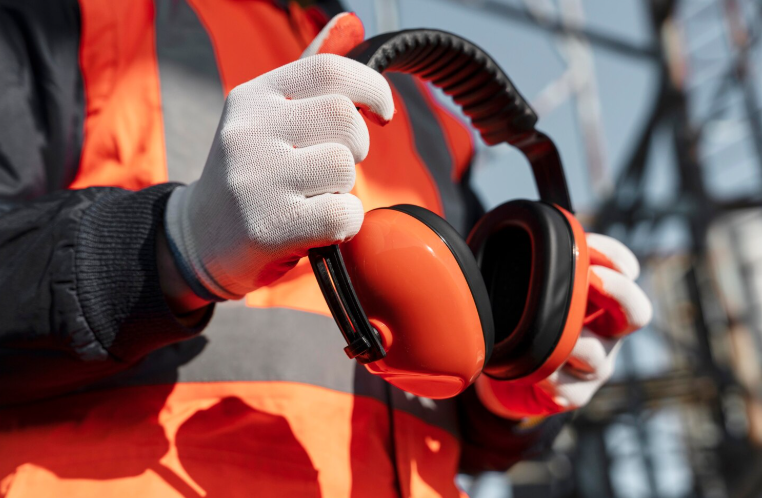 Persona con chaleco de seguridad naranja sosteniendo orejeras naranjas en un entorno industrial.