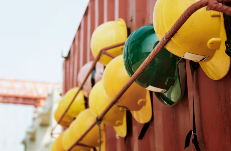 Cascos amarillos y verdes alineados a lo largo de la barandilla roja de un barco.