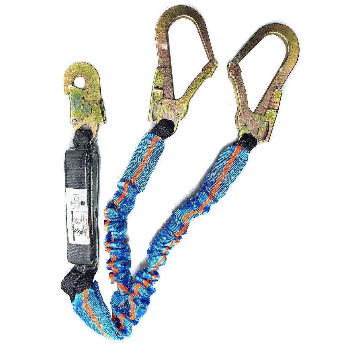 Cordón doble azul y naranja con dos mosquetones metálicos y un clip de seguridad amarillo.