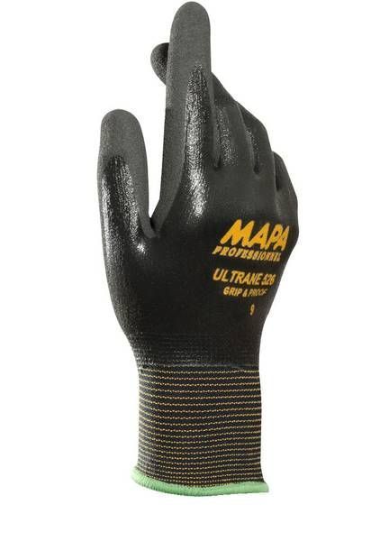Guante de trabajo negro con logotipo amarillo y puño verde sobre fondo blanco.