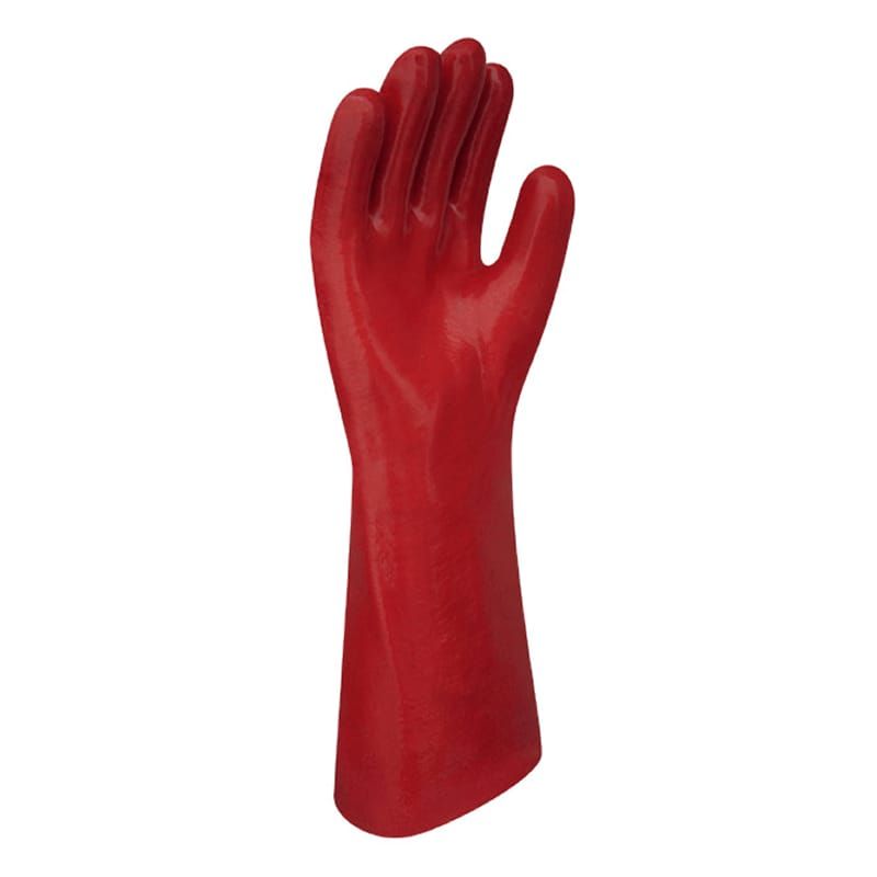 Guante de goma rojo con forma de mano erguida sobre fondo blanco.