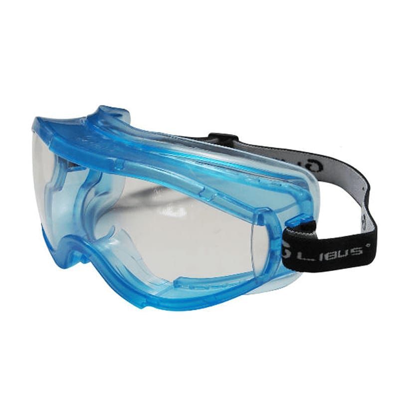 Gafas de seguridad azules con lente transparente y correa elástica negra sobre fondo blanco.
