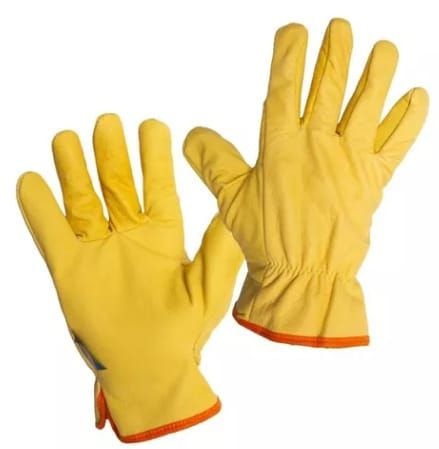 Guantes de trabajo amarillos con ribete naranja, mostrados uno al lado del otro sobre un fondo blanco.