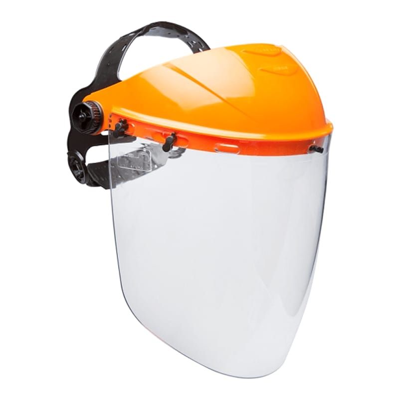Protector facial de seguridad naranja con visera transparente y diadema ajustable.
