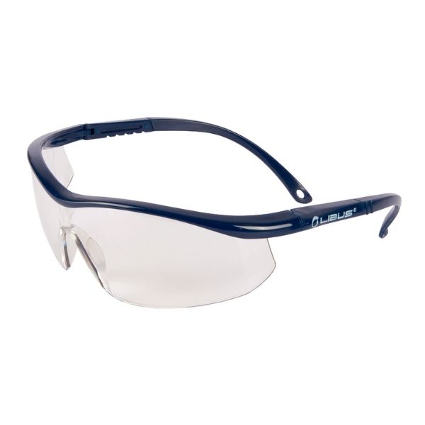Gafas de seguridad envolventes azules con lentes transparentes sobre fondo blanco.