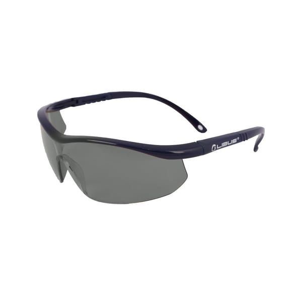 Gafas de sol envolventes negras con lentes grises sobre fondo blanco