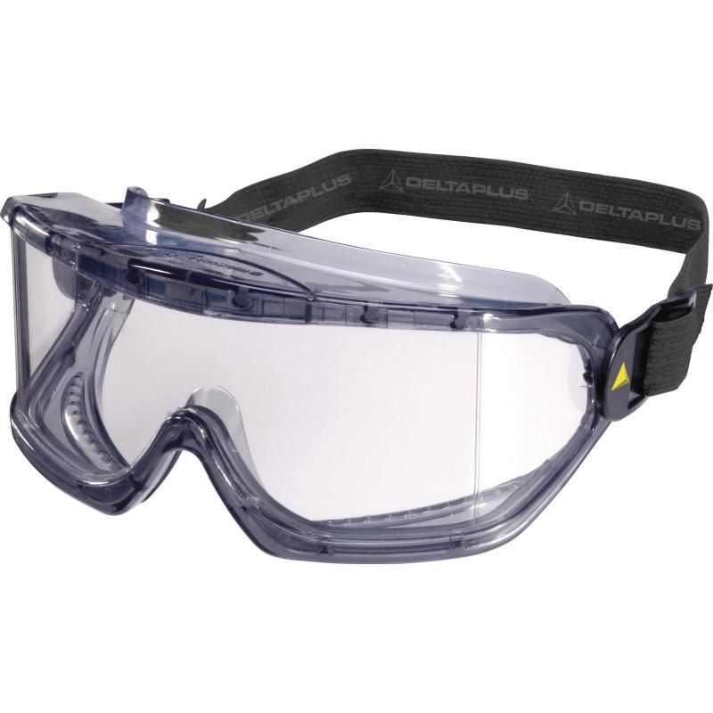Gafas de seguridad transparentes con correa elástica negra y junta de espuma sobre fondo blanco.