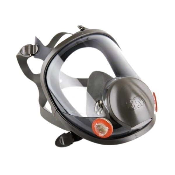 Máscara de snorkel integral negra y transparente con válvula naranja sobre fondo blanco.