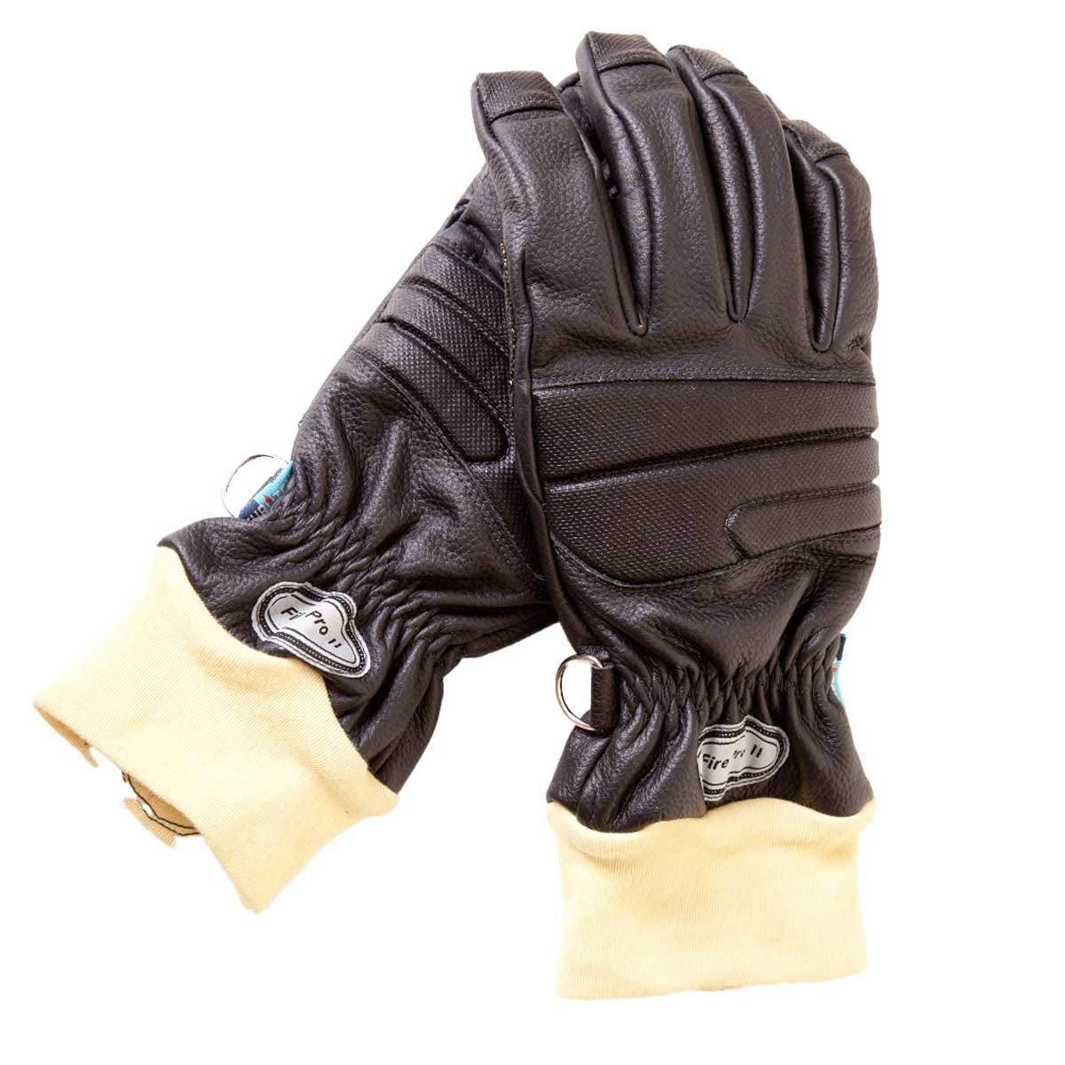 Guantes de cuero negro con puños color crema, sostenidos sobre un fondo blanco.