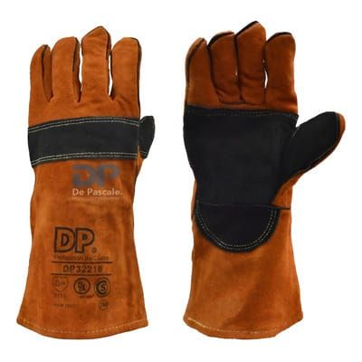 Guantes de trabajo de cuero naranja con palmas negras, mostrados por delante y por detrás sobre un fondo blanco.