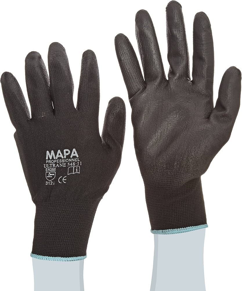 Guantes de trabajo negros con palmas texturizadas, mostrados por delante y por detrás sobre un fondo blanco.