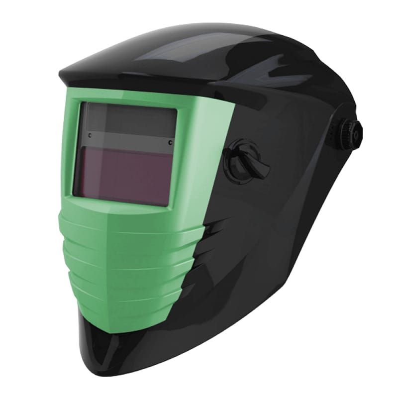 Casco de soldadura negro y verde con protector facial oscuro y perilla de ajuste lateral.