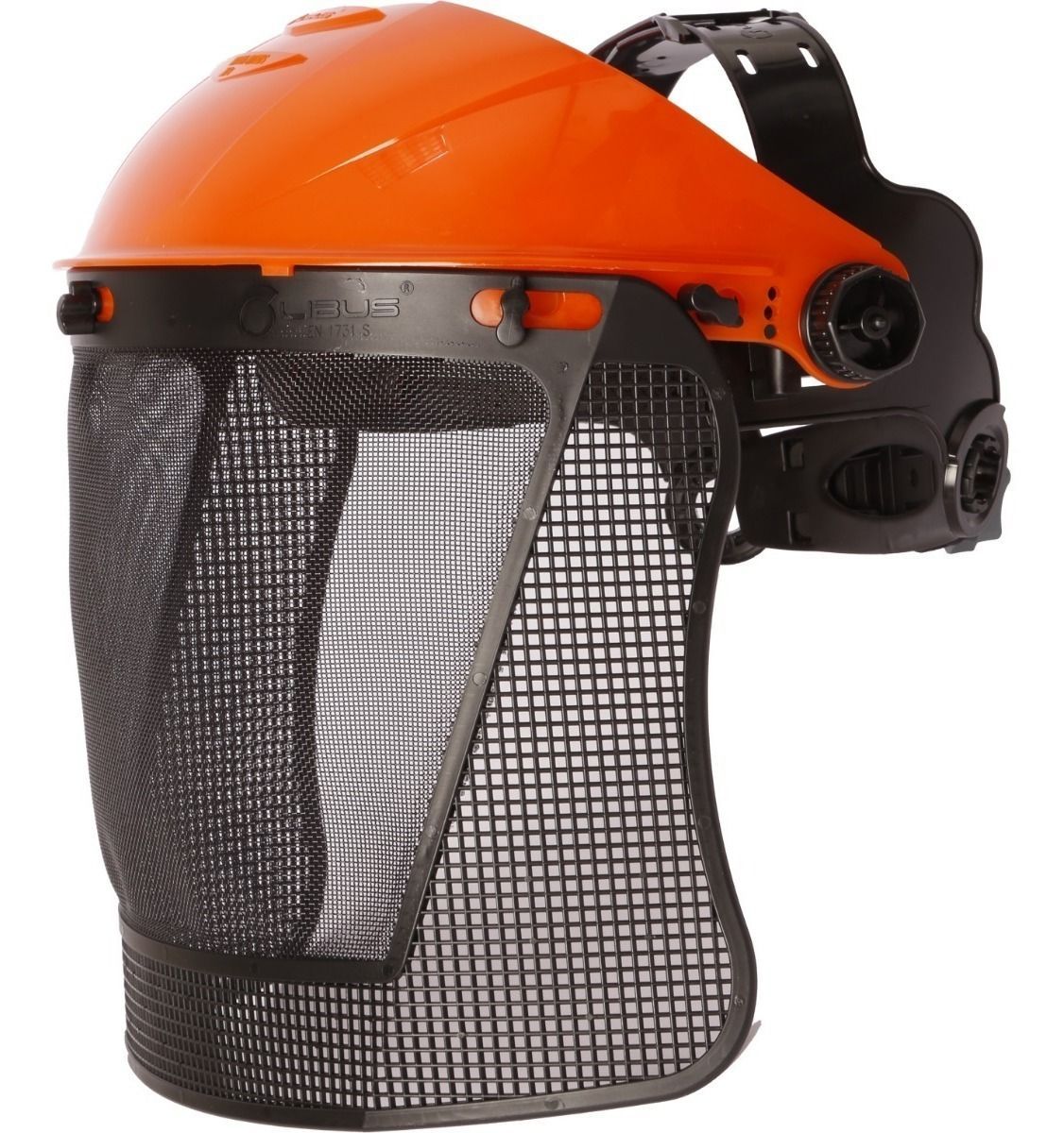 Protector facial naranja con visera de malla negra y protección para los oídos.