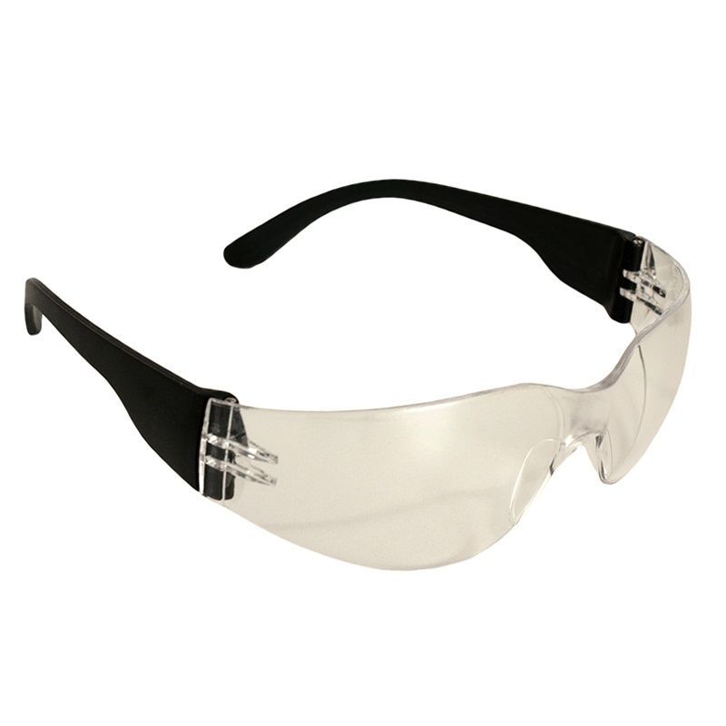 Gafas de seguridad transparentes con patillas negras sobre fondo blanco.