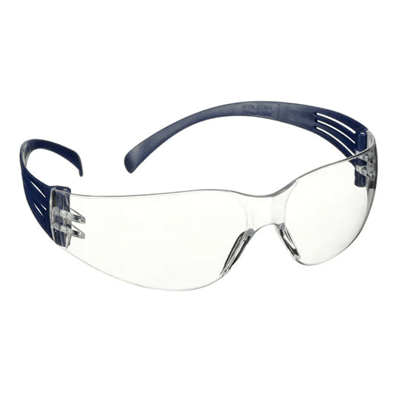 Gafas de seguridad transparentes con patillas azul oscuro, mostradas sobre un fondo blanco.