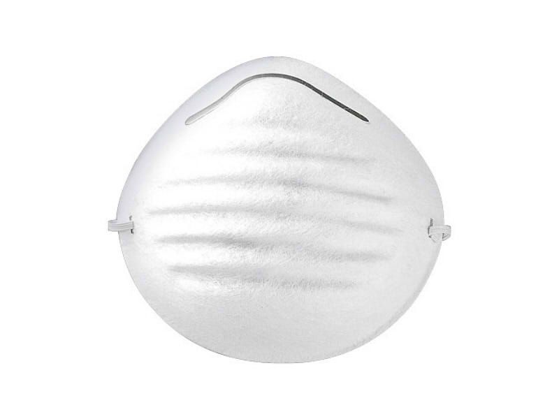 Mascarilla facial desechable blanca con gomas para las orejas y una tira curva oscura en la parte superior.