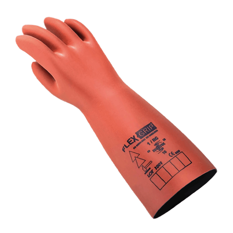 Guante protector de goma naranja con puño negro y marcas impresas en la muñeca.