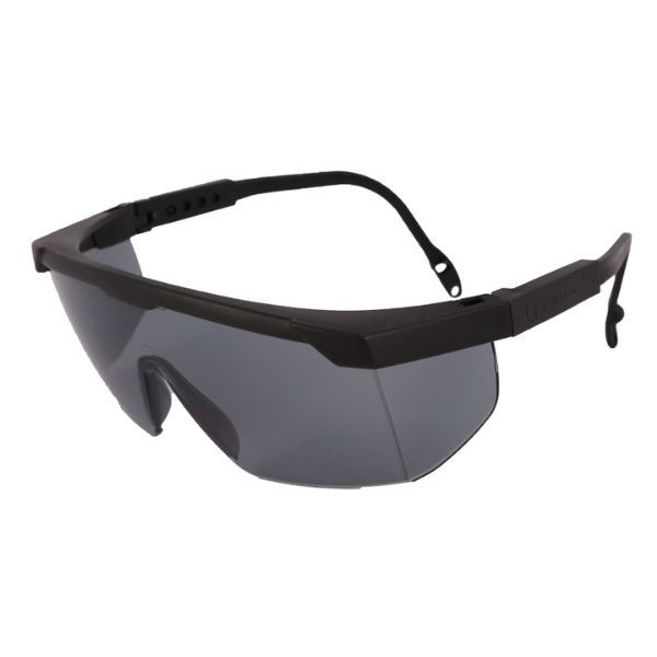 Gafas de seguridad envolventes negras con lentes oscuras sobre fondo blanco