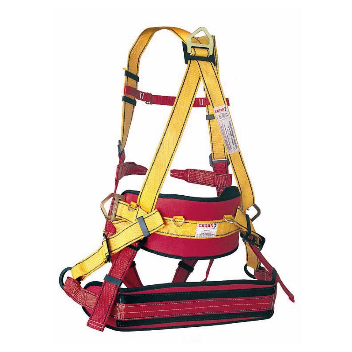 Arnés de seguridad integral amarillo y rojo con correas y hebillas sobre fondo blanco.