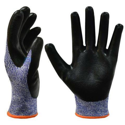 Guantes de trabajo negros con puños de punto azul, mostrados desde la palma y el dorso.